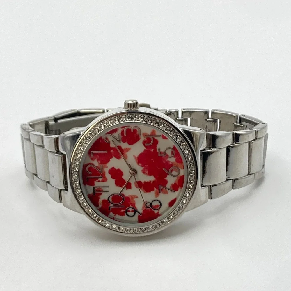 Modern Women's Watch 36mm Silver Tone Red Floral Dial Crystals New Battery 6.5
